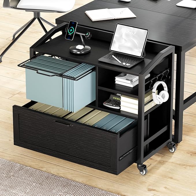 HSH Rolling Lateral File Cabinet with Storage Drawer, Black Mobile Filing Cabinet for Legal/Letter Size, Wood Metal Printer Stand with Shelves, Wheels & Hanging File Folder for Home Office Desk, 33 In