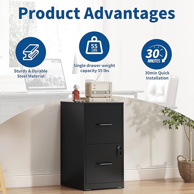 2-Drawer Locking Vertical File Cabinet, Metal Storage Cabinet for Office/Home – Secure Vertical Filing for Letter/Legal/A4/F4 Documents, Easy to Assemble Steel Cabinet