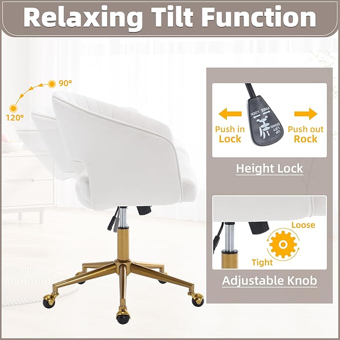 ABET Desk Chair with Wheels, Velvet Home Office Chair, Swivel Armchair Gold Base, Upholstered Modern Accent Chairs, Back Incline Adjustable for Living Room Bedroom Vanity, Off-White Cream