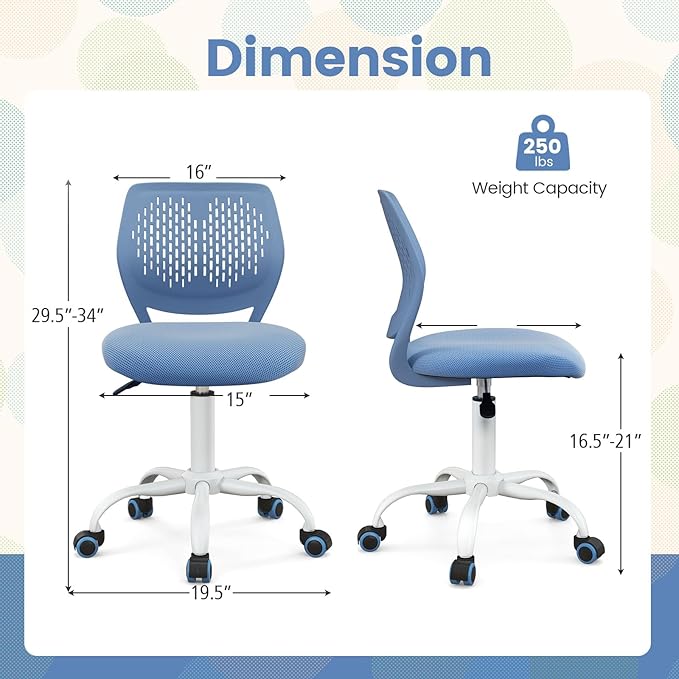 POWERSTONE Small Desk Chair with Wheels Home Office Chair Mid Back Armless Computer Task Chair Adjustable Swivel Rolling Chair for Small Space Blue