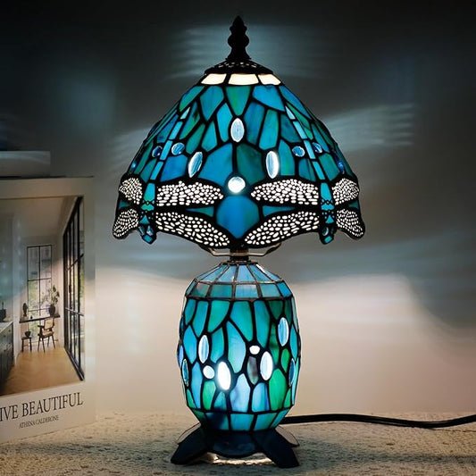 Small Tiffany Lamp Stained Glass Table Lamp Mini Mother Daughter Vase Desk Accent Light for Bedroom Bedside Reading Home Antique Style Decor 8X14 Inches (Green Dragonfly)