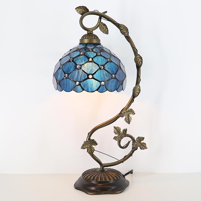 Tiffany Table Lamp, Stained Glass Desk Reading Light,Metal Leaf Table Lamp Base 8X10X21 Inches (Blue Beads)