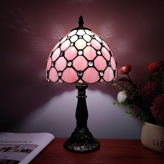 Tiffany Table Lamp 3-Way Light Handmade Bedside Lamp Small Desk Night Lamp Stained Glass Antique for Home Office Bedroom Living Room Study Room (Pink Pearls Style)