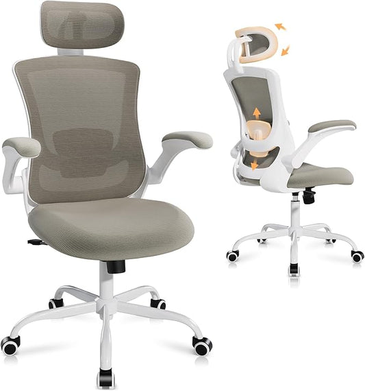Ergonomic Office Chair with Adjustable Lumbar Support & Headrest, High Back Mesh Desk Chair with Flip-Up Armrests, Breathable & Comfortable Computer Chair for Home, Office & Study –Khaki