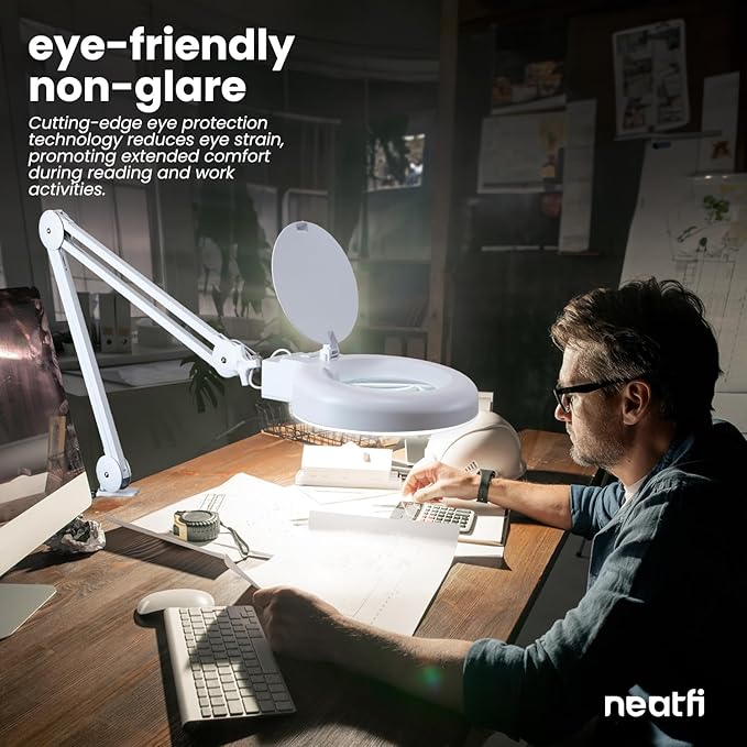 (New Model) Neatfi LED Magnifying Lamp with Clamp, 12W, 60 SMD LEDs, Adjustable Step Dimming Brightness, Desk Lamp Magnifier Light for Crafts, Painting, and Hobbies (White, 5-Diopter)