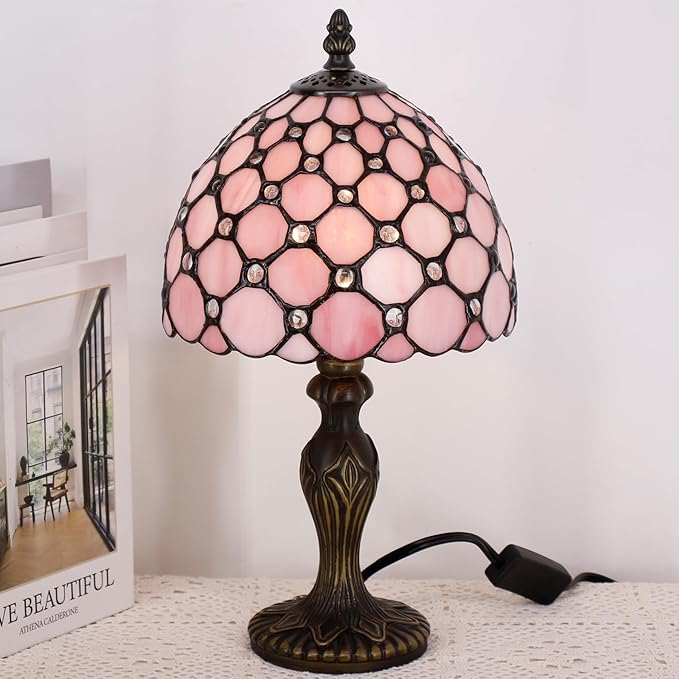 Small Tiffany Lamp Stained Glass Table Lamp Mini Desk Accent Light for Bedroom Bedside Reading Home Antique Style Decor 8X15 Inches (Pink)