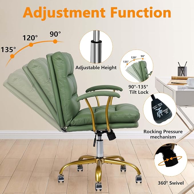 Leather Home Office Desk Chair, Mid-Back Vanity Chair Make Up Chair with Gold Wheels & Removable Armrests, Rolling Swivel Computer Task Chair for Office Bedroom Living Room Girls Women, Green