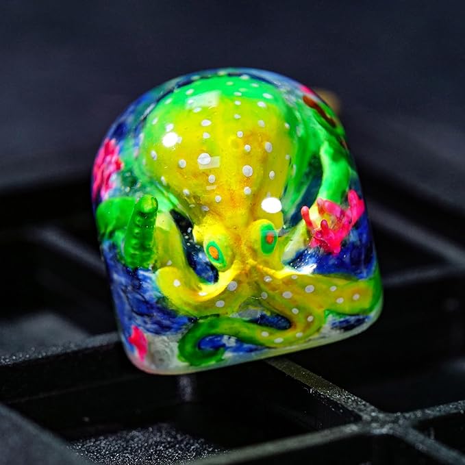 Green Octopus Artisan Keycap DOM Profile Custom Ocean Sea Creatures Keycaps 1U ESC Handmade Gaming Kraken Resin Key Cap Cherry MX Switch Compatible Mechanical Keyboard Octopus Lover Gift
