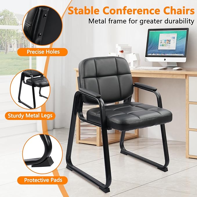 CLATINA Waiting Room Chairs No Wheels Set of 8, Stationary Leather Office Reception Guest Chair with Padded Arms and Sled Base for Elderly Desk Conference Room Lobby Table Side Salon