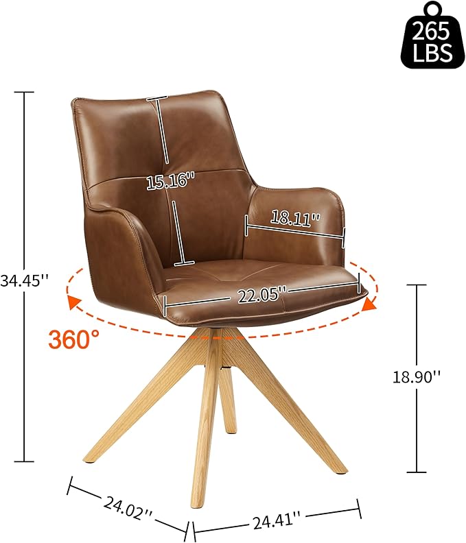 Art Leon Desk Chair No Wheels - Mid Century Modern Swivel Accent Chair, Genuine Leather Upholstered Office Chair with Oak Wood Legs for Small Space Living Room Bedroom, Brown