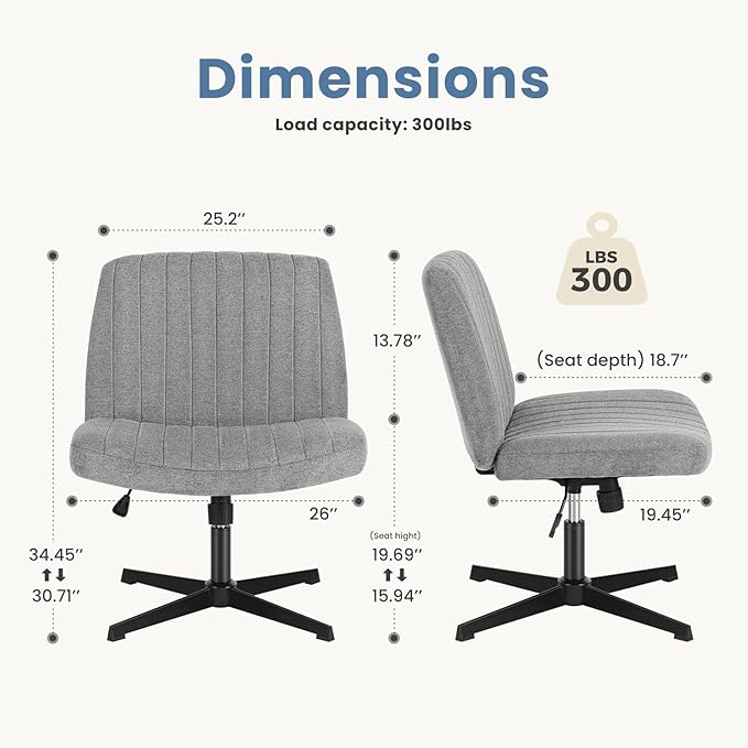 DUMOS Criss Cross Legged Office Chair, Armless Wide Seat No Wheels, Modern Home Desk Seating Swivel Height Adjustable Fabric Vanity for Bedroom