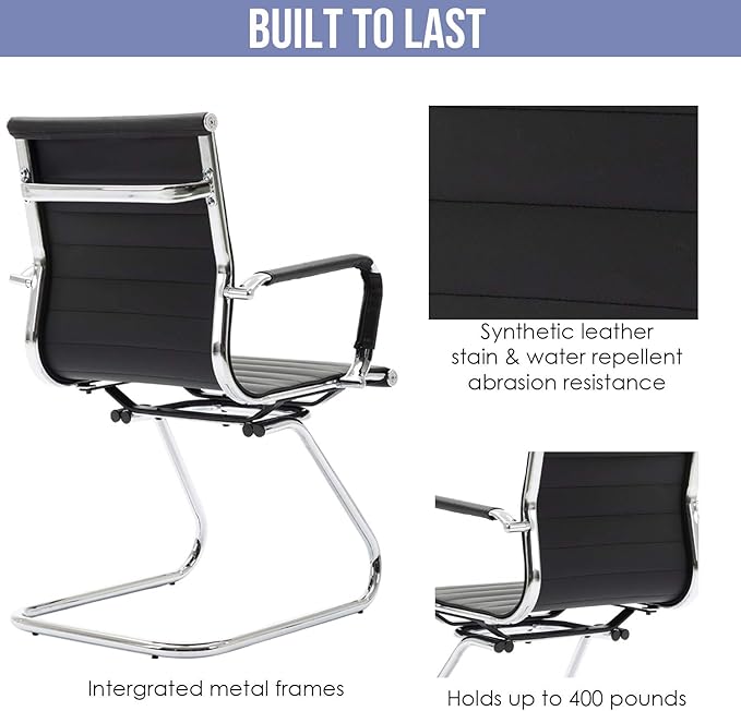 Wahson Office Guest Chairs Set of 8, Leather Reception Chairs, Mid Back Waiting Room Chair, Conference Chairs with Sled Base, Desk Chair No Wheels for Meeting/Lobby/Restroom, Black