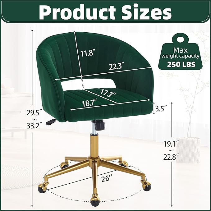 ABET Desk Chair with Wheels, Velvet Home Office Chair, Swivel Armchair Gold Base, Upholstered Modern Accent Chairs, Back Incline Adjustable for Living Room Bedroom Vanity, Dark Green
