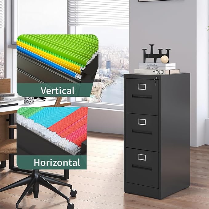 3 Drawer Vertical File Cabinet Home Office Metal Filing Cabinet, D17.7 Locking File Cabinets with Keys, Anti-Tilt Design, Steel Drawer Cabinet for A4/Legal/Letter,Need Assemble (Black)