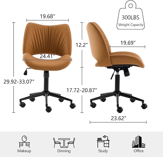 Rowill Armless Office Desk Chair, Ergonomic PU Leather Modern Task Chair with Back Adjustable Height, 360° Swivel Vanity Chairs with Wheels for Small Space, Home Office, Bedroom, Mustard Yellow