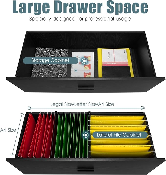Giantex Office File Cabinet 2 Drawer - Lateral Filing Cabinet w/Anti-Toppling Device, Hanging Bars, Home Office Furniture for Hanging File Folders A4/Letter/Legal Size, File Storage Cabinet (Black)