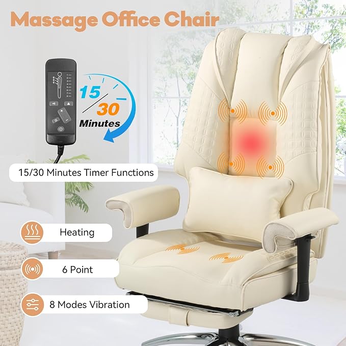 Massage & Heated Office Chair with Foot Rest, Ergonomic Executive Office Chair with Reclining Backrest, Adjustable Arms and Lumbar Support, High Back Leather Desk Chairs for Home Office, Beige