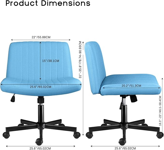PUKAMI Criss Cross Chair with Wheels,Fabric Padded Armless Cross Legged Office Desk Chair for Home Office,Modern Swivel Height Adjustable Wide Seat(Blue)