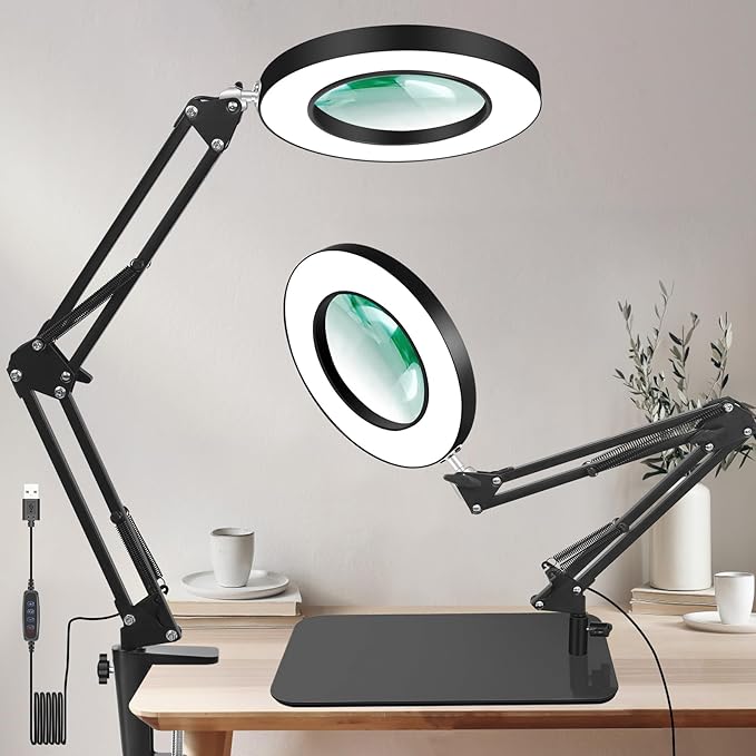 Lighted Magnifying Glass with Light and Stand, 12X Magnifier with Light Hands Free, 5 Color Modes LED Work Lighted, 2-in-1 Magnifying Lamp for Reading Craft Hobby Painting Sewing Close Work