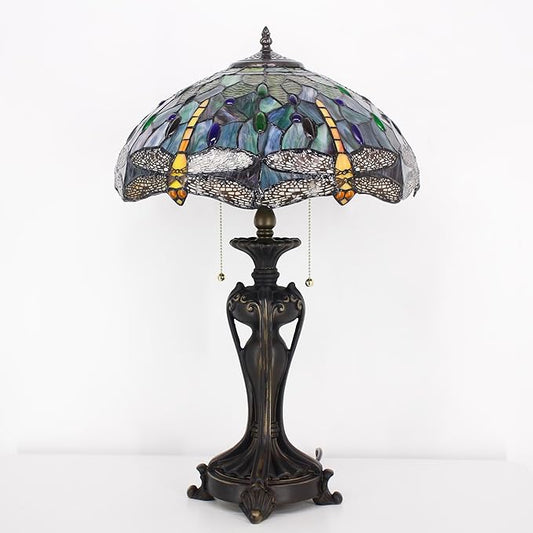Tiffany Stained Glass Table Lamp 16X16X24 Inch Amber Yellow Dragonfly Style Desk Bedroom Living Room Antique Reading Light (Amber Yellow)