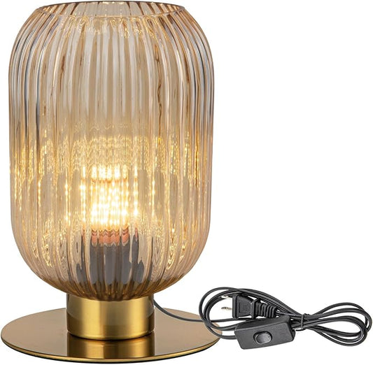 Small Table Lamp, Mid Century Modern Bedside Table Lamp, Amber Ribbed Glass Globe Table Lamp, Vintage Brass Nightstand Lamp for Bedroom Living Room Office, E26 Desk Lamp