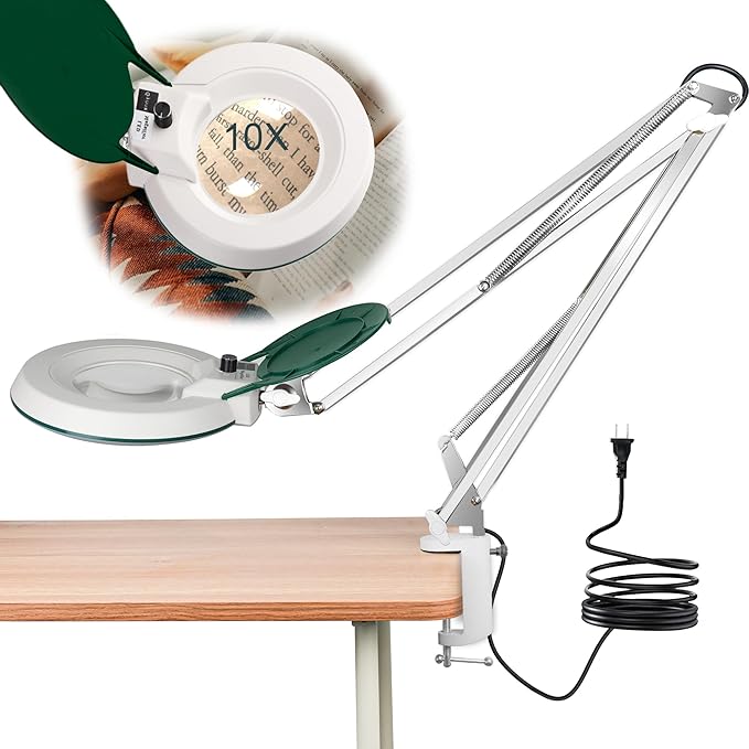 10X Magnifying Glass with Light and Stand,LED Dimmable Lighted Desk Lamp with Clamp,Magnifier Hands Free-Adjustable Stainless Steel Bracket,for Crafts Hobbies Reading Painting Sewing Close Work