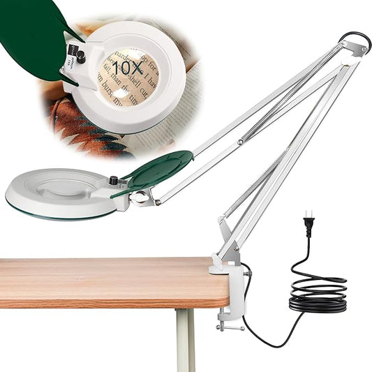 10X Magnifying Glass with Light and Stand,LED Dimmable Lighted Desk Lamp with Clamp,Magnifier Hands Free-Adjustable Stainless Steel Bracket,for Crafts Hobbies Reading Painting Sewing Close Work