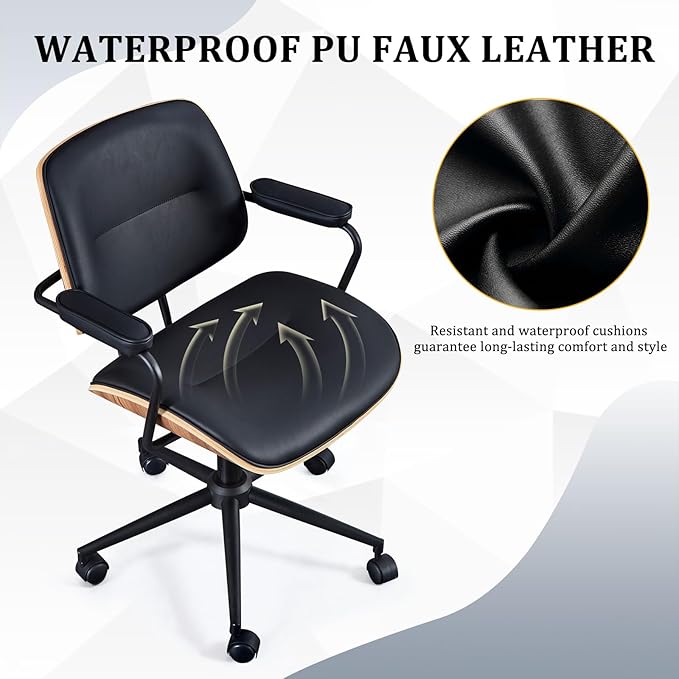 BV Mid Century Modern Office Chair Set of 1, Swivel Rolling Deak Chair with Armrests and Walnut Back, Adjustable Desk Chair for Home Office, Black