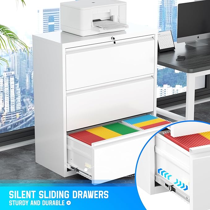 Greenvelly 3 Drawer Filing Cabinet, White Lateral File Cabinet with Lock, Lockable Metal File Cabinet for Home Office, Office File Cabinets for Legal/Letter/A4/F4 Size