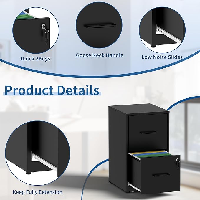 2-Drawer Locking Vertical File Cabinet, Metal Storage Cabinet for Office/Home – Secure Vertical Filing for Letter/Legal/A4/F4 Documents, Easy to Assemble Steel Cabinet