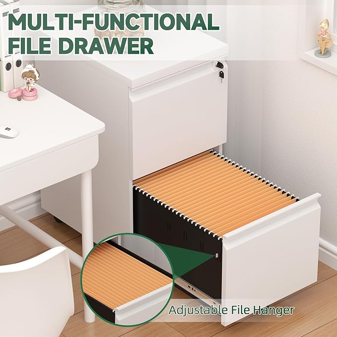 2 Drawer File Cabinet on Wheels,29" H White Filing Cabinet with Lock,Under Desk Metal File Cabinet for Home Office Organizer Letters/Legal/A4(Assembly Required)