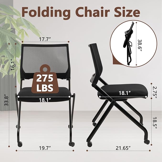 CLATINA Stackable & Foldable Waiting Room Chairs, Conference Room Chairs with Wheels & Lumbar Support, Ergonomic Mesh Bouncing Back Folding Chair for Office Meeting Schools Training, Black, 2PK