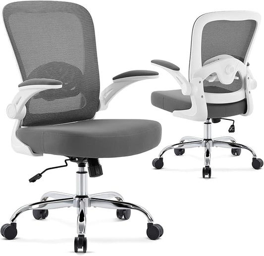 Office Chair,Ergonomic Desk Chair with Adjustable Lumbar Support, Mesh High Back Computer Chair with Flip-up Armrests,Rocking Tilt Rolling Swivel Executive Chair for Home Office Grey