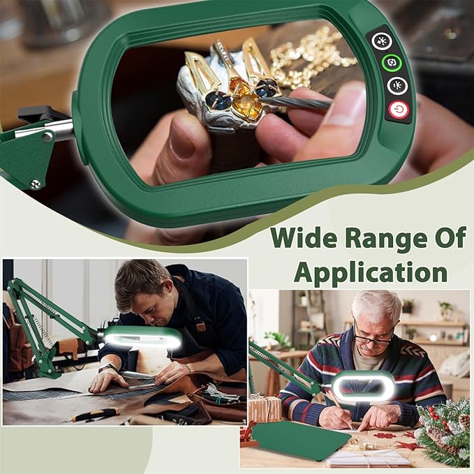 Veemagni 10X Rectangle Magnifying Glass with Light and Stand, 5 Color Modes Stepless Dimmable, 2-in-1 LED Lighted Desk Lamp & Clamp, Hands Free Magnifier for Reading Crafts Painting Close Work - Green