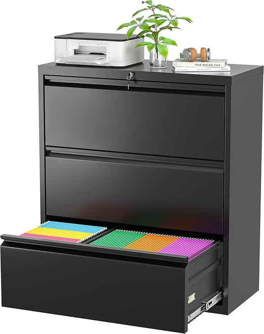 Superday Filing Cabinet Lateral File Cabinet 3 Drawer, Black File Cabinets with Lock, Locking Metal Office Filing Cabinets for Home Office/Legal/Letter/A4/F4