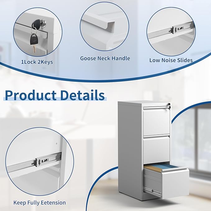 3-Drawer Locking Vertical File Cabinet, Metal Storage Cabinet for Office/Home – Secure Vertical Filing for Letter/Legal/A4/F4 Documents, Easy to Assemble Steel Cabinet (White, 3 Drawer-40 H)