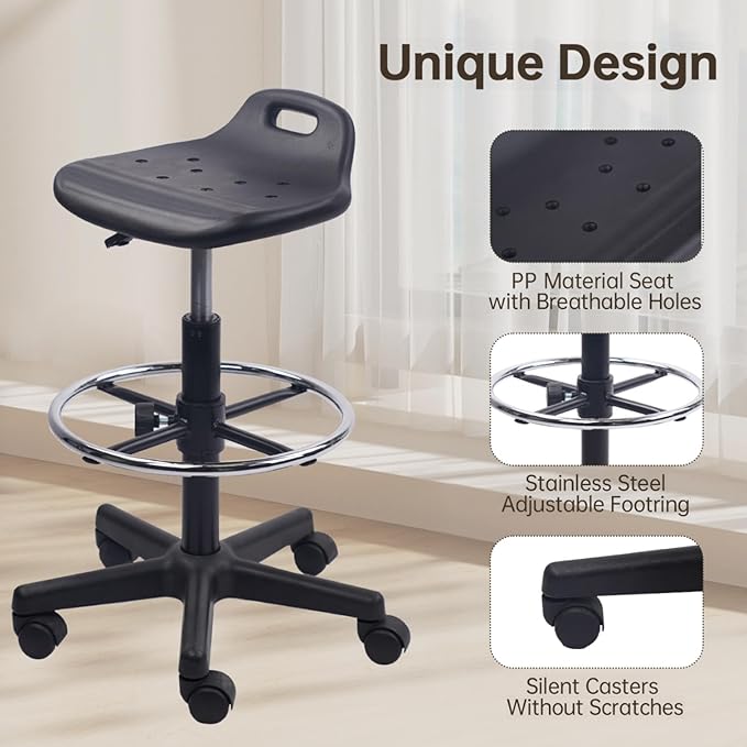 Adjustable Height Drafting Rolling Stool with Foot Rest Breathable Seat Cushion Swivel Chair, Multi-Purpose Work Stools for Nail Salon Office Bar Lab Counter Barber Kitchen Shop Black, 2PK