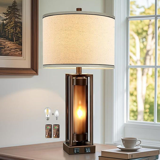 Rustic Table Lamps for Living Room with USB C+A Ports, Farmhouse Vintage Nightstand Lamp with Amber Acrylic Night Light, Retro Desk Lamp for Bedroom Entryway Dorm, 2 Bulbs Included (Brown)