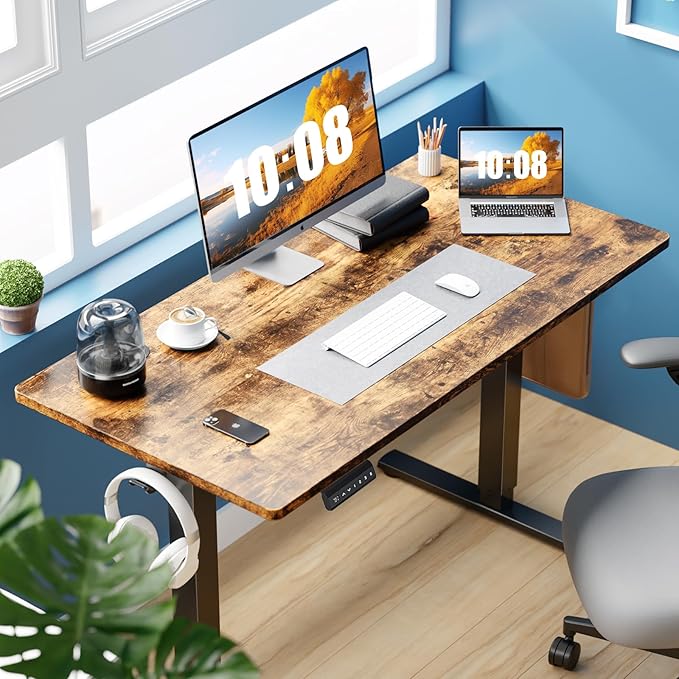Sweetcrispy Electric Standing Desk Adjustable Height, 55x24 Inch Sit Stand Up Home Office Desks Computer Workstation PC Work Table with 3 Memory Preset Splice Wood Board Metal Frame, Rustic