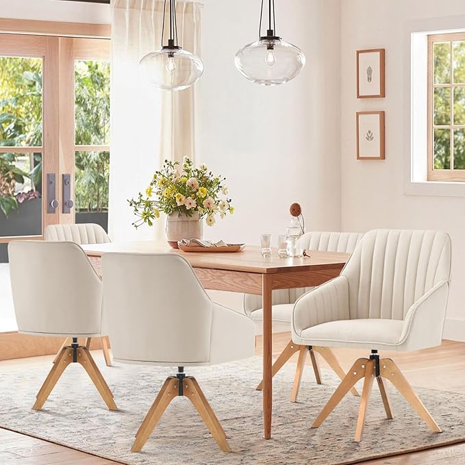 Furniliving Mid Century Modern Swivel Accent Chair for Living Room, Wood Desk Chair with Arms Mid Back Arm Chairs Upholstered Vanity Chair No Wheels for Home Office/Bedroom, Faux Linen Beige