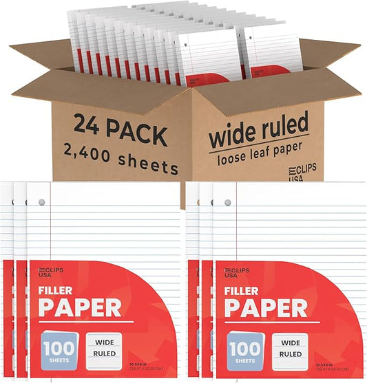 Notebook Paper, Loose Leaf Paper (24 Pack), Wide Ruled Paper, 10.5” x 8”, Filler Paper, 100 Sheets Per Pack, 60 gsm (24 Pack)