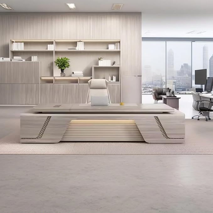 102IN L-Shaped Executive Desk with Drawers, Executive Desk with Open Storage Grid & LED Light Strip & Exquisite Pull Handle & Invisible Multimedia Wire Box & Front Baffle Design