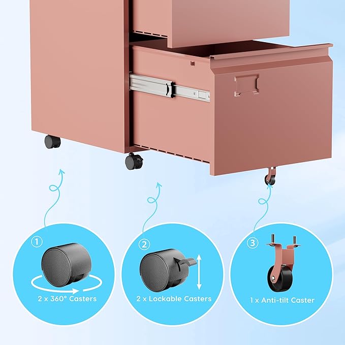 Aobabo 2 Drawer File Cabinet with Wheels, Lockable Metal Filing Cabinet with Business Card Slot for Legal/Letter Size for Home Office, Required Assembled,Pink