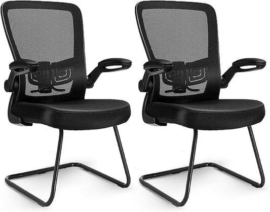 CLATINA Office Guest Chair no Wheels, Ergonomic Mesh Desk Chair Adjustable Lumbar Support and Flip Up Arms, Sled Base for Office Guest & Reception Chairs for Conference Room,Black (2PK)