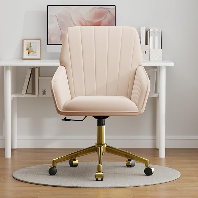 YISHENG Velvet Office Desk Chair with Gold Base, with Wheels,Modern Height Adjustable 360 Degree Swivel Upholstered Vanity Chairs with Arms for Living Room Bedroom,Khaki