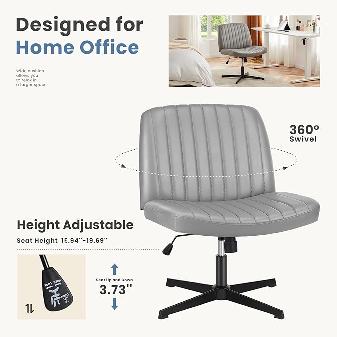 DUMOS Criss Cross Chair Legged Office Wide Comfy Desk Seat, No Wheels Armless Computer Task Seating, Swivel Vanity Home Height Adjustable