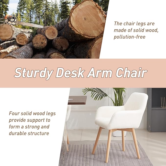 Desk Chair No Wheels Vanity Chair Makeup Chair Comfy Accent Chair for Living Dining Room Bedroom Home Office Mid Century Modern Upholstered Armchair Sofa with Wood Legs (Wool White, 1)