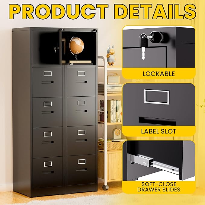 Vertical File Cabinet with 4 Drawers and 1 Door, Metal Filing Cabinet for Home Office, Lockable File Cabinets with Keys for Legal/Letter Size Hanging File Folders, Assembly Required, Black