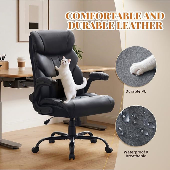 Leather Home Office Chair,500lbs Big and Tall Ergonomic Desk Chair,360°Swivel Free,100°-118°Recline,43"- 47" Height Adjustable,Silent 360° Casters for Home Office Computer Desk