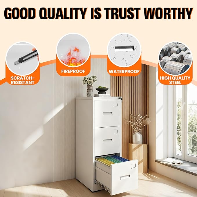 3-Drawer Locking Vertical File Cabinet, Metal Storage Cabinet for Office/Home – Secure Vertical Filing for Letter/Legal/A4/F4 Documents, Easy to Assemble Steel Cabinet, White